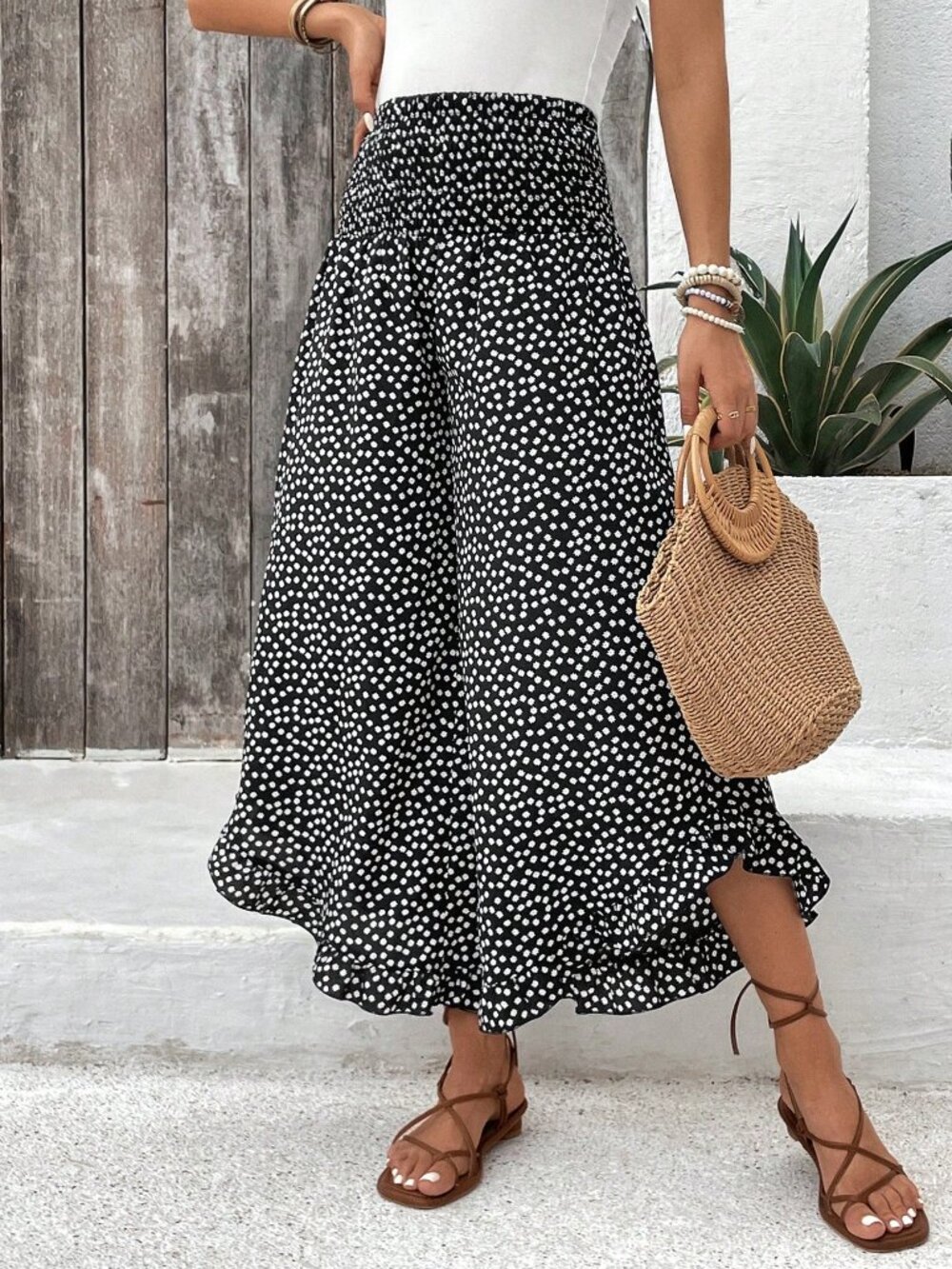Black Boho Women's Floral Long Pants with Ruffle Hem